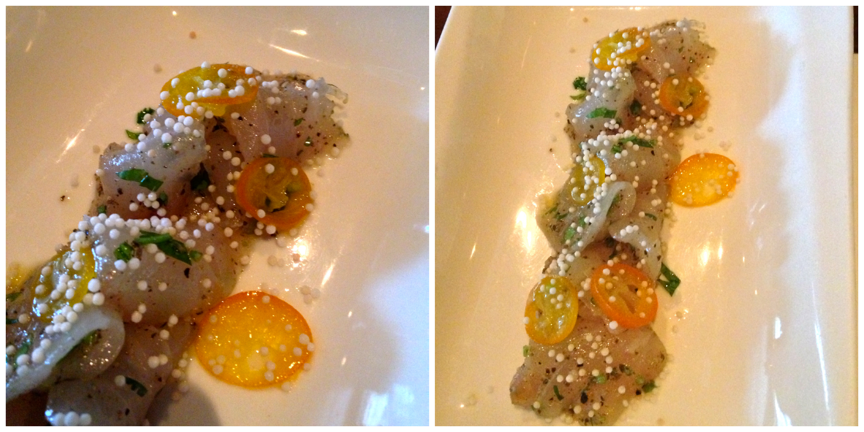 Striped Bass Crudo topped with peppercorns and kumquats